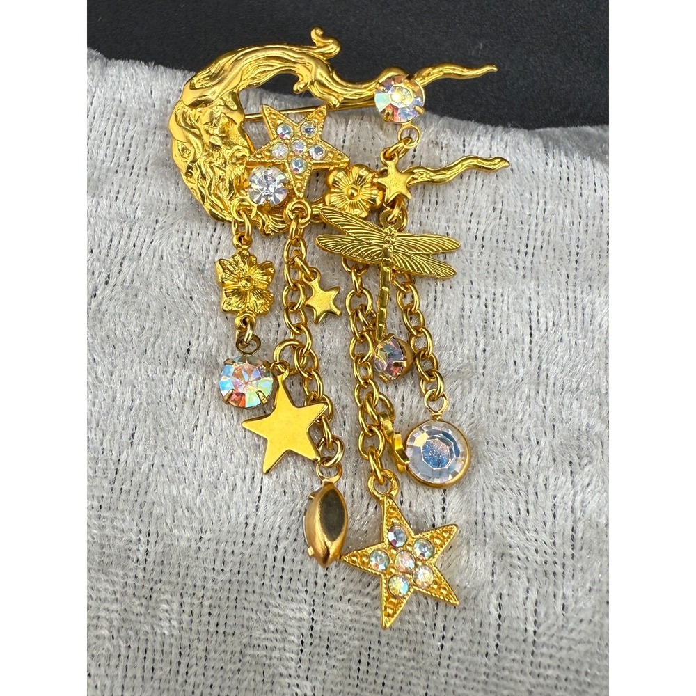 Vintage Celestial Brooch Moon Stars Dragonfly - Picture 2 of 5